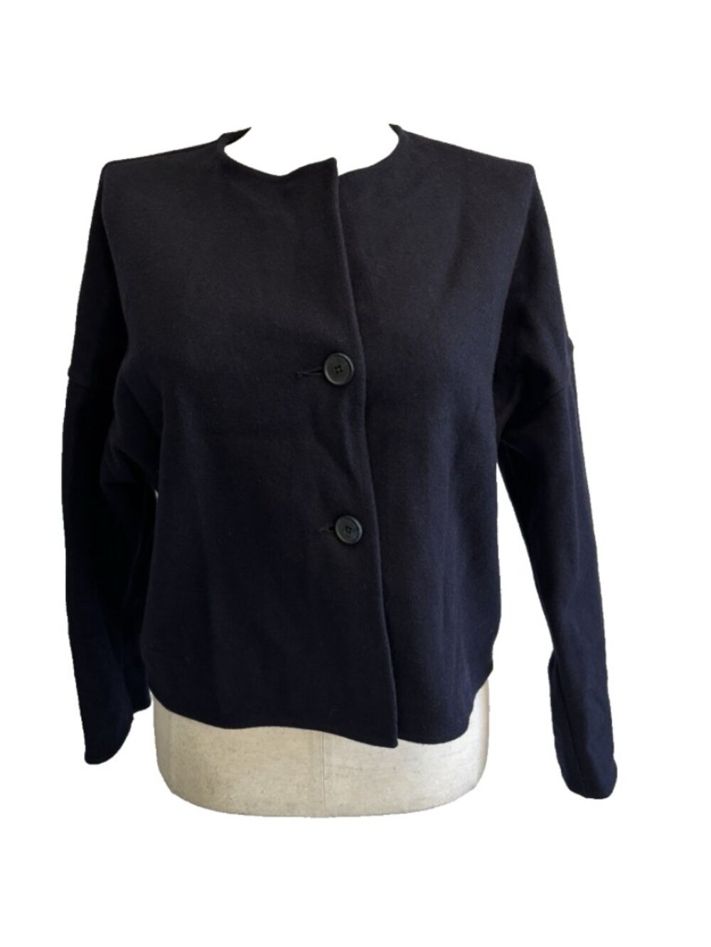WOMEN'S COS 2 BUTTON WOOL BLEND MINIMALIST NAVY BLUE BOXY CARDIGAN BLAZER SMALL